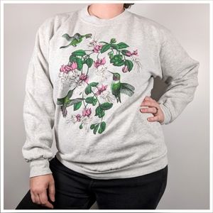 Vintage Hummingbird Sweatshirt, Women's Large, Gray Green Pink